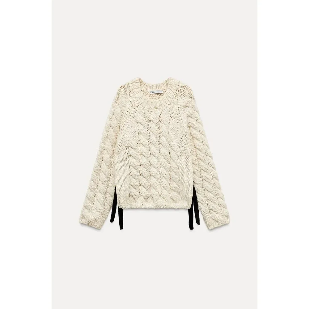 Cream Zara Side Vents Ties Chunky Knit Long Sleeve Pullover Sweater (NWT) - Picture 10 of 10